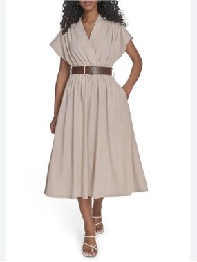 Calvin Klein Beige Midi Wrap Dress with Black Belt Worn once!